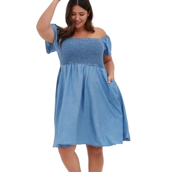 Torrid Blue Chambray Off-Shoulder Smocked Skater Dress - Picture 2 of 12